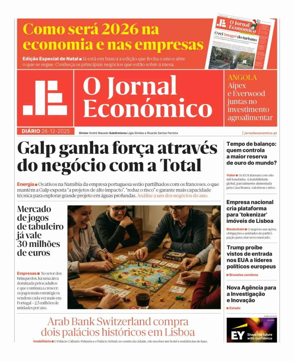A primeira página do Jornal Económico de 26 de dezembro