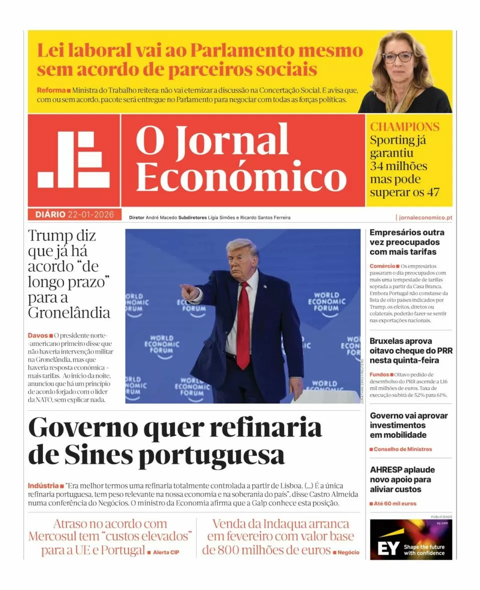 A primeira página do Jornal Económico de 22 de janeiro