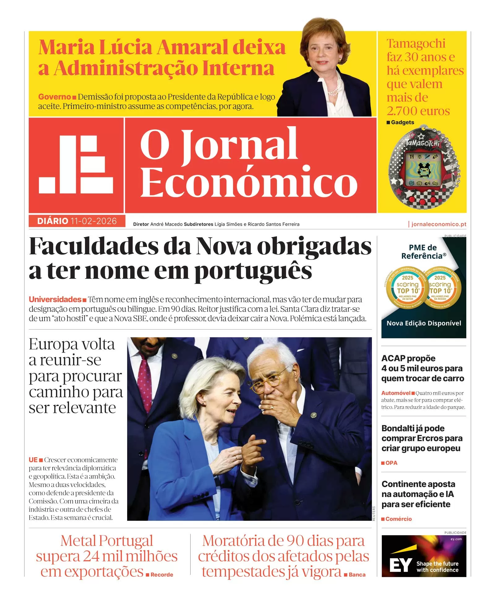 A primeira página do Jornal Económico de 11 de fevereiro
