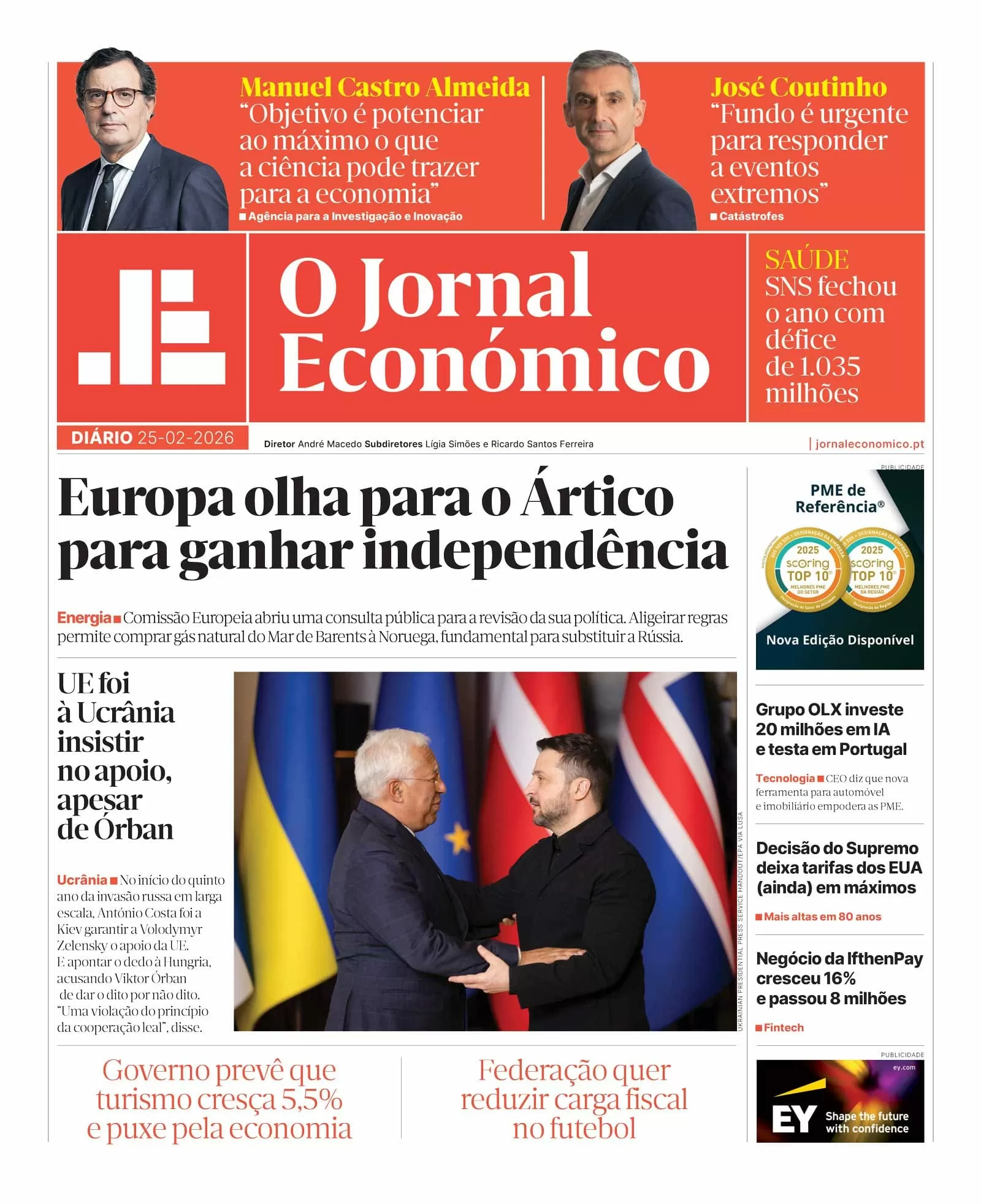 A primeira página do Jornal Económico de 25 de fevereiro
