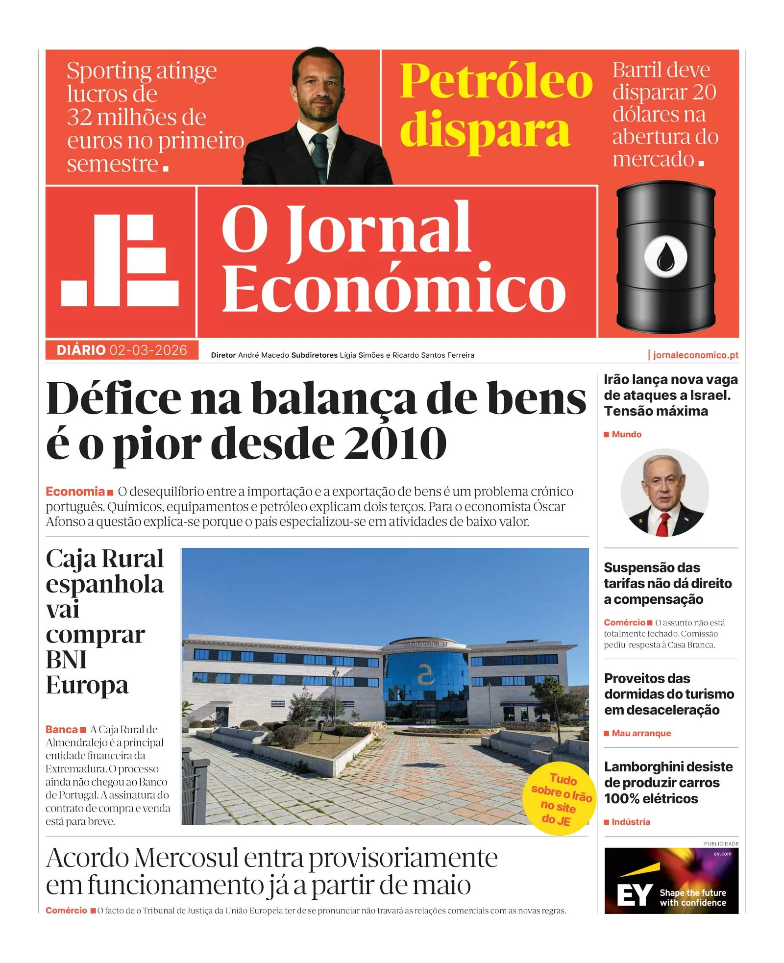 A primeira página do Jornal Económico de 2 de março