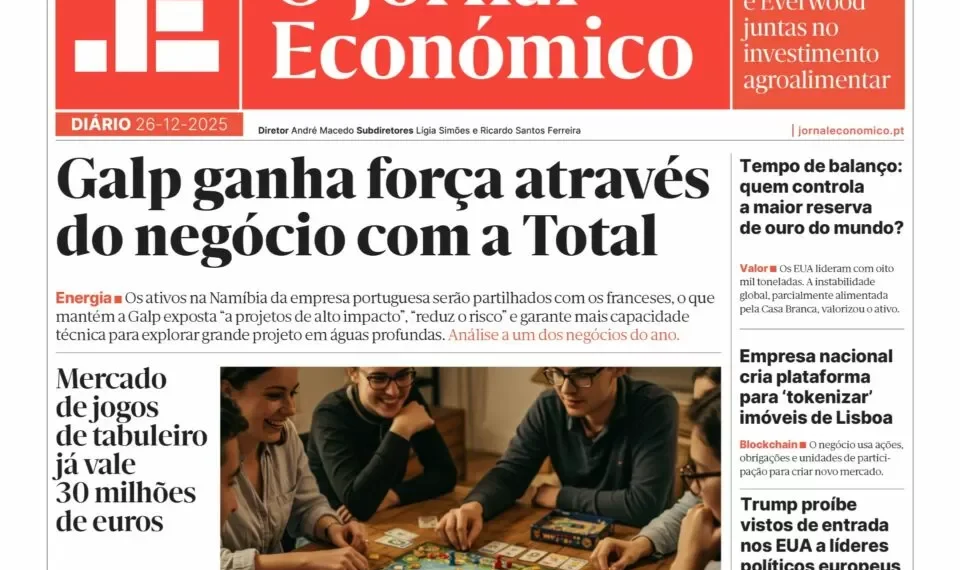 A primeira página do Jornal Económico de 26 de dezembro