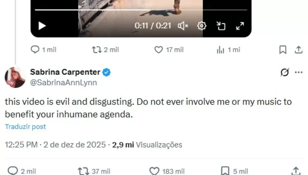Sabrina Carpenter repudia uso de sua música em vídeo da Casa Branca sobre prisões de imigrantes