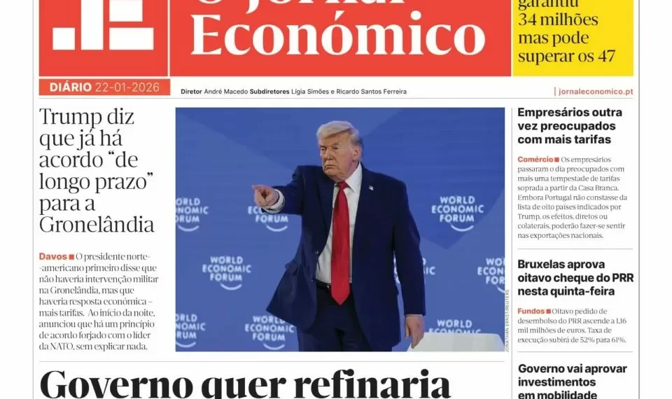 A primeira página do Jornal Económico de 22 de janeiro